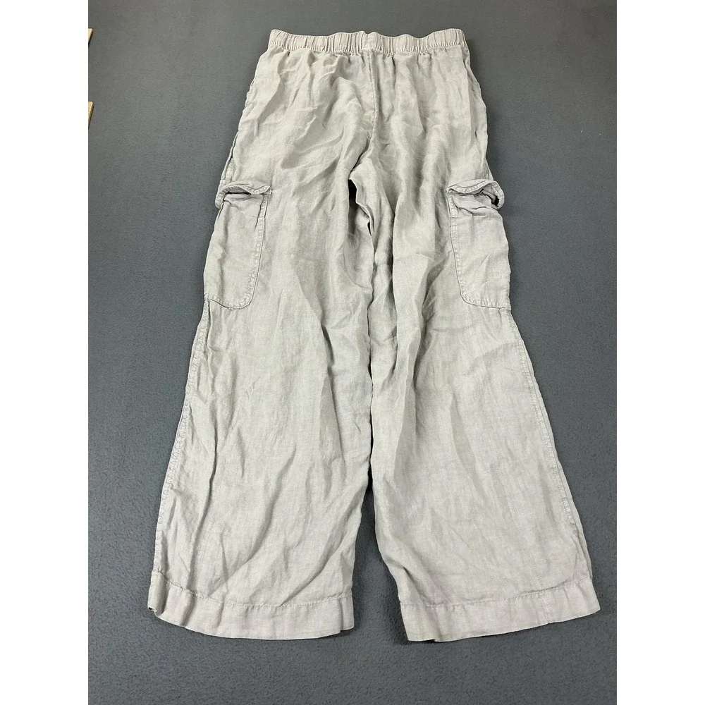C&C California Pants Womens L Gray Linen Cargo Relaxed Elastic Waist Casual